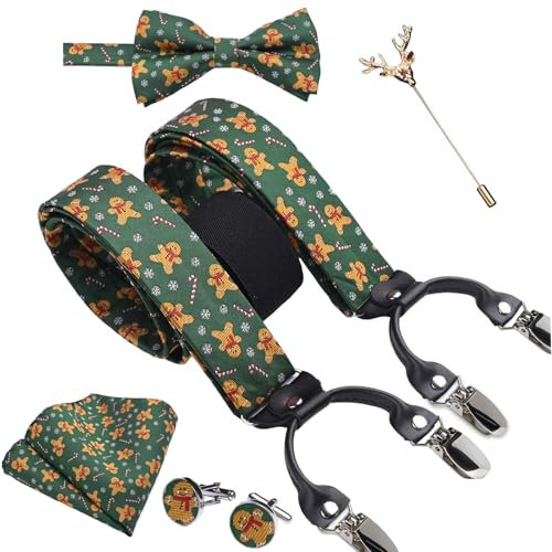 SzonMcnl Weihnachten Herren Hosenträger mit Fliege Set Grüner Lebkuchenmann Pattern Hosenträger Verstellbare Y Form mit starken Clips Weihnachtsgeschenke und Fliege Einstecktuch für Männer