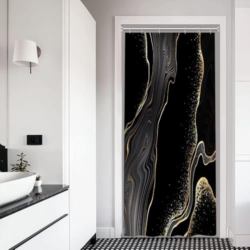 Xiaoterna Rideau de Douche en marbre Noir Rideau de Douche imperméable à la Poudre d'or Rideau de Douche Abstrait en marbre Noir et Taches d'or Lavable Tissu résistant aux moisissures 90x180cm