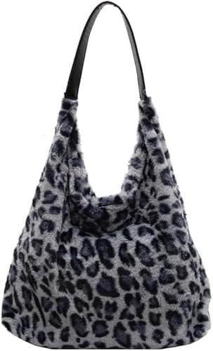 HoldOneLight Teddy Handtasche Damen Uni Tasche Felltasche Damen PlüSchtasche Teddyfell Shopper Tasche Schultertasche Tote Bag DamenSlouchy Hobo Bag Arbeitstasche (schwarzer Leopardendruck)