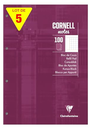 Clairefontaine 58196Cpack - Packung 5 Schreibblock/Notizblock CORNELL, DIN A4, 21x29,7 cm, 100 Blatt kariert 90g, 4-fach gelocht, 5 Stück