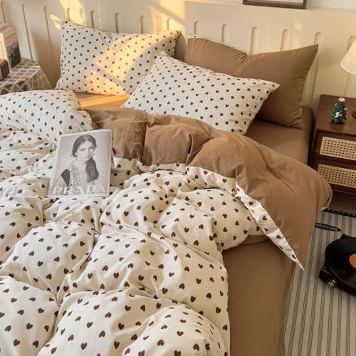 Covebett Herz Bettwäsche 135x200 Weiß mit Braun Herzen Muster Romantisch Weiche Mikrofaser Bettbezug Herzchen Aesthetic Wendebettwäsche Set 2 Teilig mit Reißverschluss und Kissenbezüge 80x80 cm