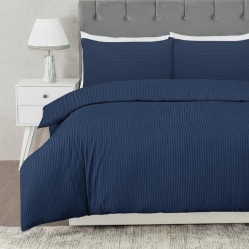 MHG Textiles Blue Striped Duvet Cover Set Super King 260x220cm – T200 Cotton-Rich Polycotton Bedding – Soft, Breathable & Durable – Includes Pillowcases, Button Closure & Corner Ties