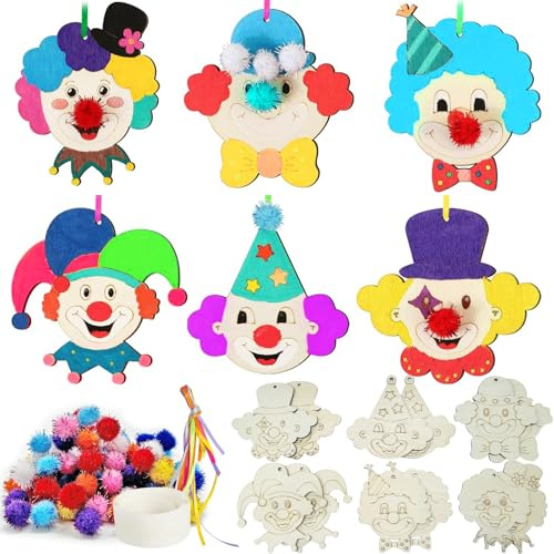 12pcs Clown Basteln,Karneval Bastelset,Holz Tischdeko,Zirkus Deko zum Basteln,Holz Anhänger Holzscheibe zum Bemalen mit 100pcs Bommeln,DIY Kreative Handwerk für Geburtstag Mitgebsel