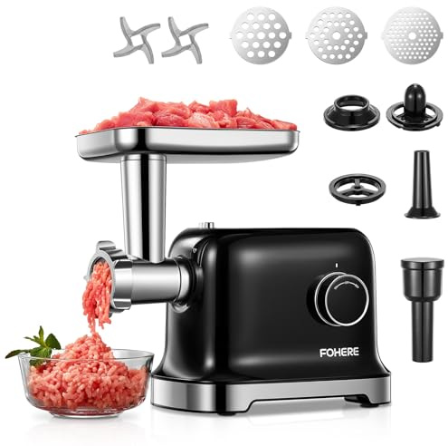 FOHERE Fleischwolf Elektrisch, 2000W Gleichstrommotor Fleischwolf | mit 2 Schneidklinge, 3 Schneidplatte (7MM/5MM/3MM), Wurst-Rohr, Kubbe-Formgerät, Effizient für den Haushalt