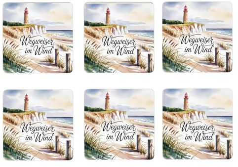 Ostsee Kap Arkona Leuchtturm 6er Set Untersetzer aus Holz - Wegweiser im Wind Maritime Holz-Faser Deko für Fans der Küste