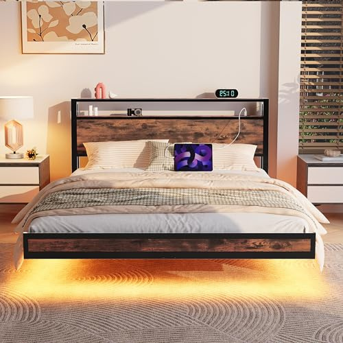 JELUTE Floating Bed Frame King Size, Black | Charging Station, LED Lights, Wood Headboard with Storage Shelves, Heavy Duty Metal Slats, No Box Spring Needed