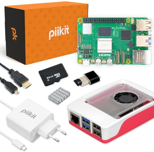 PiiKit Starter-Set für Raspberry Pi 5 8 GB | 64 GB MicroSD-Karte | 27 W Netzteil | Gehäuse mit integriertem Lüfter und Kühlkörper | 4K 60 Hz Micro-HDMI-Kabel