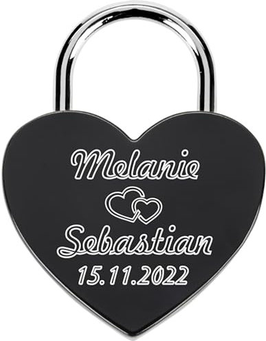 Liebesschloss mit Gravur und Schlüssel - Herzschloss Vorhängeschloss personalisiert mit Wunschtext - Pärchen Geschenke für Frauen - Jahrestag Geschenk für Sie - Partner Geschenke für Ihn (Schwarz)