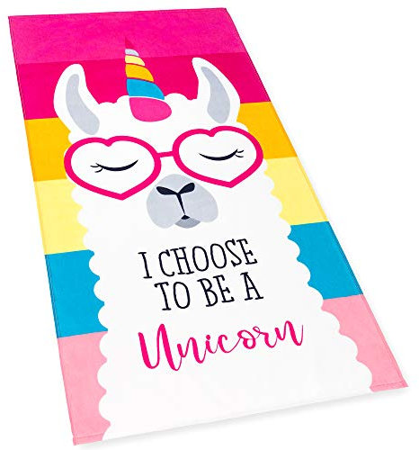 Softerry - Lama Einhorn Strandtuch Pink Rainbow 28 x 51 Zoll (70 x 130 cm) 100% Baumwolle Weich und Bunt Velours (28 Zoll x 51 Zoll, Pink)