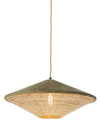 Qazqa - Landhaus I Vintage I Rustikal Land Hängelampe I Pendellampe I Pendelleuchte grüner Samt mit Schilf 60 cm - Frills Can I Wohnzimmer I Schlafzimmer - Textil Länglich I Rund - LED geeignet E27