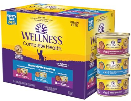Wellness Complete Health Pate Variety Pack Adult Canned Wet Cat Food, Natural, Protein Rich, Grain Free, Seafood Favorites, 3 oz, Pack of 24 Cans