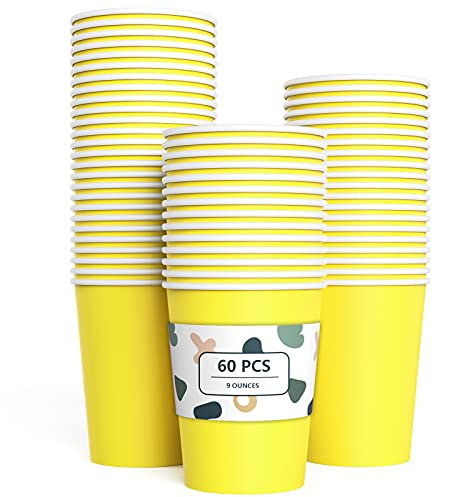 60 Pieces Yellow Paper Cups Disposable Party Cups Biodegradable and Compostable Drinking Cups for Party, Birthday Supplies, DIY - 9 Ounce - 250ml (Yellow)