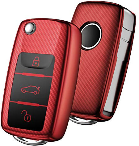OATSBASF Autoschlüssel Hülle VW, VW Golf Schlüsselbox,Schlüsselhülle Cover für vw Polo Passat Skoda Seat 3-Tasten(Rot-Streifen)