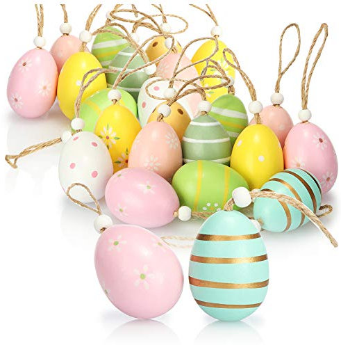 com-four® 24x Ostereier zum Aufhängen - Osterdeko aus Holz in tollen Farben - Deko Ostereier mit schönen Mustern