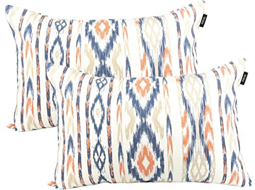 TRESMESTRES Fundas de Cojines para Sofá de Jardín, Terraza y Salón y Fundas de Cojines para Cama Decorativos - Ikat Mediterráneo - Funda de Cojín 40x60 cm - Set de 2, Naranja/Azul