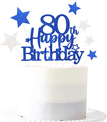 Glittery 80th Cake Topper with Star men women 80 Birthday Party Supplies, Eighty Years Old Birthday Party Decorations Royal Blue