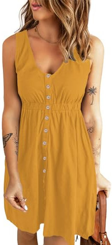 AUSELILY Sommerkleid Damen Ärmellos V-Ausschnitt Minikeid Casual Button Down Strandkleid mit Taschen Gelb S