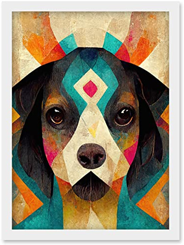 Wee Blue Coo Quirky Boho Abstract Modern Shaman Guru Dog Artwork Framed Wall Art Print A4
