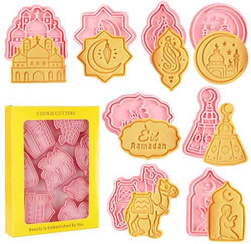 Leonshco 8 Stück Eid Mubarak Ausstechformen Kinder, Ramadan Islamische Muslimische 3D Silikon Keksausstecher, Pressbare Keksstempel für Kuchen Backen, Party Dekoration Fondant, Käse, Backformen (A)