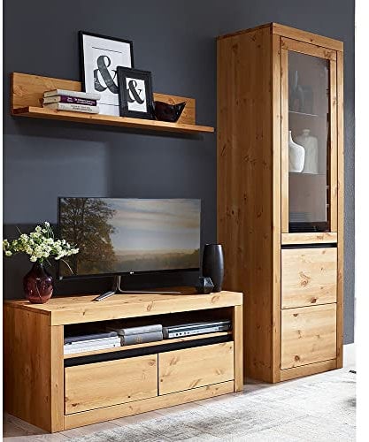 TV Möbel Wohnzimmer Set Massivholz Mediawand Wohnwand TV Wand Lowboard Wandboard Vitrinenschrank Kiefer massiv eichefarbig