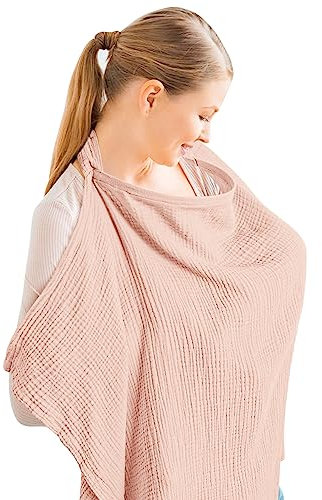 Konssy Musselin-Abdeckung zum Stillen von Babys, atmungsaktiv, 100% Baumwolle, Stillbezug mit starrem Reifen für Mutter, Stillschürze, Mehrzweck-Autositz-Baldachin (Pink)