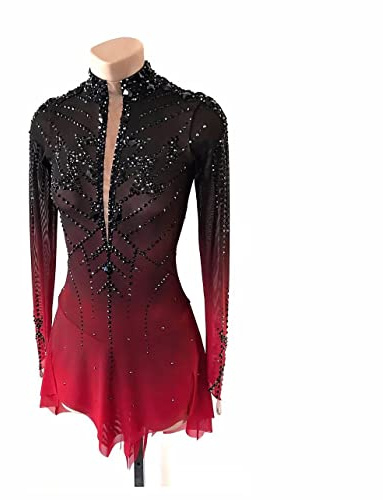 JRUIA Eiskunstlaufkleid Eislaufkleid Für Mädchen Schwarz Rote Halo Färbung Professionelle Wettkampf Eislaufbekleidung Mit Hoher Elastizität Kristall/Strass Lange Ärmel