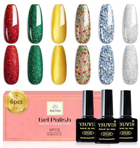 Yueshop 6PCS Christmas Sparkle Gel Nail Polish Kit, Glitter Green Red Silver Gold Nail Polish,Diamond Silver Gel Varnish Soak off UV LED Lamp Nail Art Manicure Set for Women DIY at Home(6x8ml)