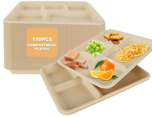 YOUNTHYE Lot de 150 grandes assiettes rectangulaires en carton - 26 x 21 x 2,5 cm - Assiettes jetables avec compartiment pour aliments chauds et froids - Assiettes biodégradables à 5 compartiments -