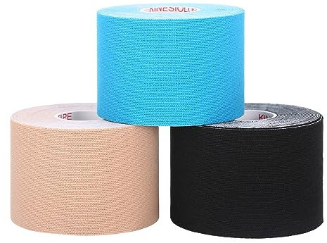 Jabtraxx 3 Rollen Kinesiologie Tape, 5 m x 5 cmTape Kinesio Muskelunterstützungsband E -Book Anwendungsbeispiele Muskelunterstützung Elastisches Umreifungsband Sportband（Schwarz,Hautfarben,Hellblau)