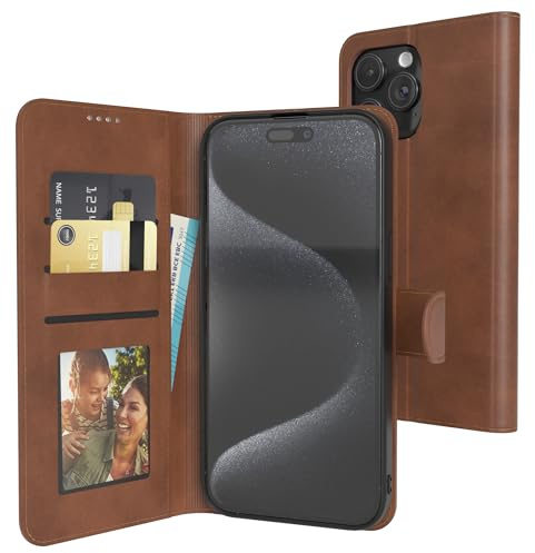 EAZY CASE - Klapphülle für iPhone 15 Pro Max Hülle klappbar mit Kameraschutz Schutzhülle Magnetverschluss Ständer Vintage Klapptasche mit Kartenfach Sichtfenster für Foto Premium Handyhülle Rot Braun