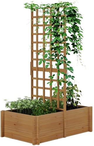 Outsunny Fioriera con traliccio, fioriera con fodera, orto su piede in legno, per piante rampicanti, verdure, 100 x 60 x 150 cm, naturale