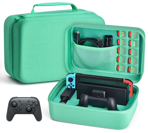 Younik Custodia per NS Switch/Switch OLED Case da Viaggio Rigido Deluxe per Console Switch, Dock Switch, Cavo HDMI, Controller PRO e Carrello da 10 Giochi (green), YK-003