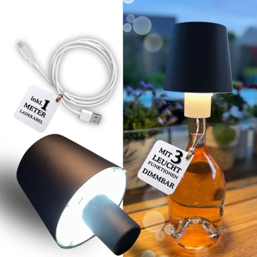 Bada Bing LED Akku Touch Lampe schwarz als Flaschenlampe - Deko Lampe als Aufsatz für Flaschen - dimmbar und wiederaufladbar - Tischlampe kabellos in warmweiß und kaltweiß - Tischleuchte Flaschenlicht
