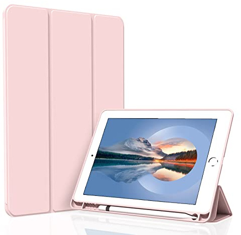 Figair Hülle für iPad 9./8./7. Generation 10,2 Zoll, Weicher TPU Rückseite Ultradünn Leicht Smart Schutzhülle, Auto Schlafen/Wecken Hülle mit Stifthalter für iPad 10,2” 2021/2020/2019, Rosa