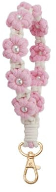 Poagoep Makramee-Schlüsselanhänger, handgefertigt, Handgelenk-Schlüsselband für Schlüssel, niedlicher Blumen-Schlüsselanhänger für Frauen, Pearl_Pink, Medium