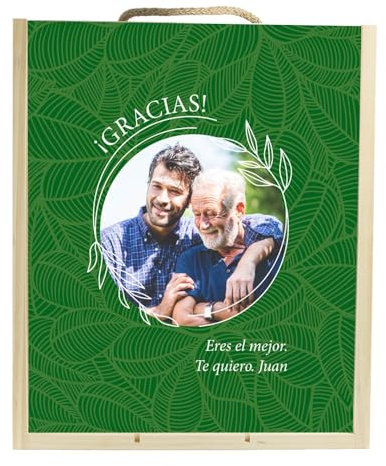 Caja botella de vino personalizada para regalo a madre o padre. Caja de madera natural (Verde 3 botellas, 3 botellas)