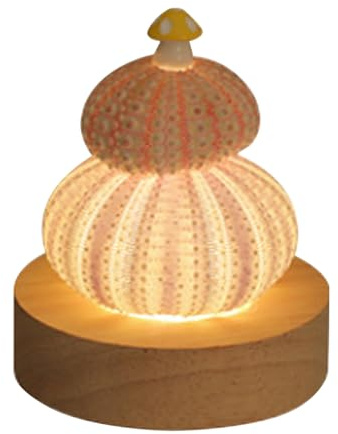 Seeigel-Muschel-Nachtlampe, Pilzlampe, Echte Muscheln und Seeigel-Lampe mit Glasabdeckung und Holzsockel, DIY-Seeigel-Nachtlicht, LED-Nachtlicht für Desktop-Ornament-Geschenkideen(Doppelte Muscheln)