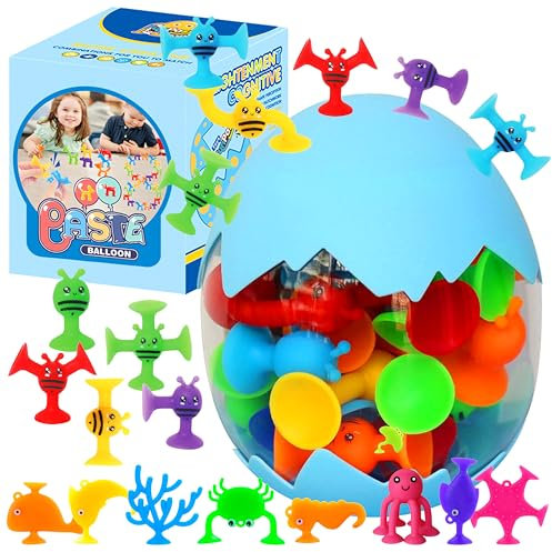 Saugnapf Spielzeug Kinder 50 Stück Montessori Spielzeug ab 3 Jahre Mini Saugnäpfe Kinder Silikon Reise Spielzeug Autismus Sensorik Spielzeug für 3 4 5 6 7 8 Jahre Junge und Mädchen