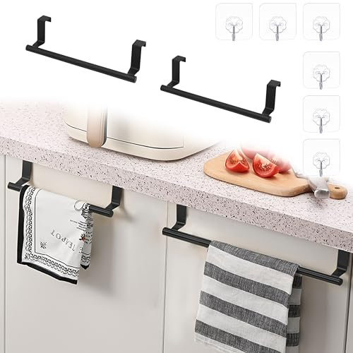 AGGKY 2PCS Over Door Towel Rail with 6PCS Clear Hooks Self Adhesive, Black Towel Rack Free Standing, Stainless Steel Towel Holder for Hanging Over The Cupboard Drawer Cabinet Kitchen Bathroom Bar