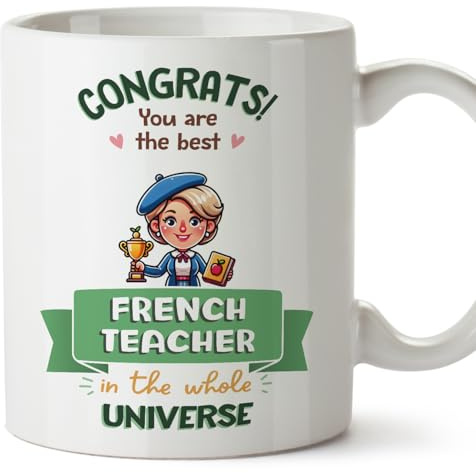 MUGFFINS French Teacher Woman Mug - in English - Best in Universe Trophy - Funny Gift for Colleagues - Ceramic 11oz Mug