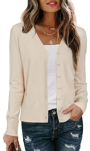 Arach&Cloz Strickjacke Damen V Ausschnitt Leichte Cardigan Langarm Solid Top Shrugs mit Knopf(Apricot,S)