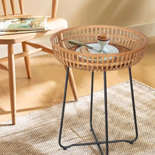Oakrain Kleiner Beistelltisch, Boho-Couchtisch, Bambus & Rattan, Trinktisch mit Boho-Stil, für Balkon, Wohnzimmer, Schlafzimmer (52 cm, 1 Stück)