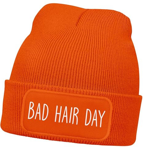 MoonWorks® Damen Beanie mit Patch Bad Hair Day Haare Strickmütze mit Spruch Aufdruck Lustig Damenmütze Orange Unisize
