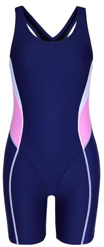 beautyin Boyleg Swimsuits for Girls Racerback One Piece Swimming Suits Kneeskin Racing Suit Navy/Pink