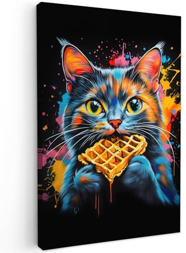 MuchoWow© Leinwand Groß 80x120 cm XXL Deko Schlafzimmer Aesthetic Leinwandbilder Wohnzimmer Gemälde Foto Geschenk Living Room Decoration Katze - Graffiti - Bunt - Waffel - Essen