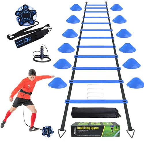 Fussball Trainingszubehör, 6m Koordinationsleiter, 12 Hütchen, Fußballtrainer und Springseil, Fußball Trainingsset Sachen, Fußball Geschenke für Jungs Kinder (Blau)