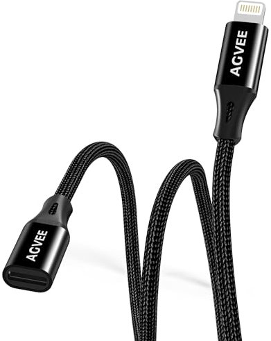 AGVEE 4 inch Lightning Extension Cable, Braided Female to Male Extender Full Function Cord Compatible with iPhone iPad, Data Sync Video Audio & Charging Connector Adapter, Black