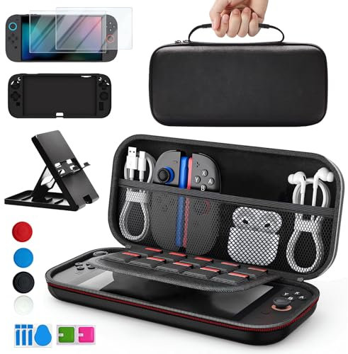 Custodia Rigida per Nintendo Switch 2 (2025) – Travel Case Antiurto con 10 Slot Giochi, Set 5‑in‑1 con Pellicola Protettiva, Cover in Silicone e Supporto