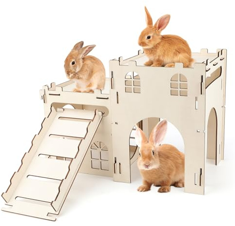 BWOGUE Extra großes hölzernes Hasenschloss Versteck geteilter Balkon für Indoor-Hasen, mehrstöckiges Kletterturm Versteck mit Treppe, belüftetes stabiles Haus für Kaninchen, Meerschweinchen und