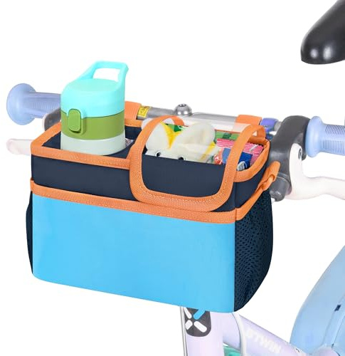 LoDrid Kids Bicycle Front Basket, Scooter Bag, Bike Accessory Storage with Insulated Cup Holder, Fits Most Handlebars, Trikes, with Removable Shoulder Strap, Blue (Bag Only)
